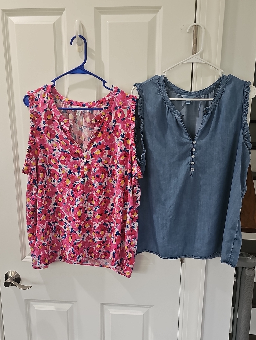 Bundle Of 2 Time and Tru Pink Floral/Blue Sleeveless V-Neck Blouses